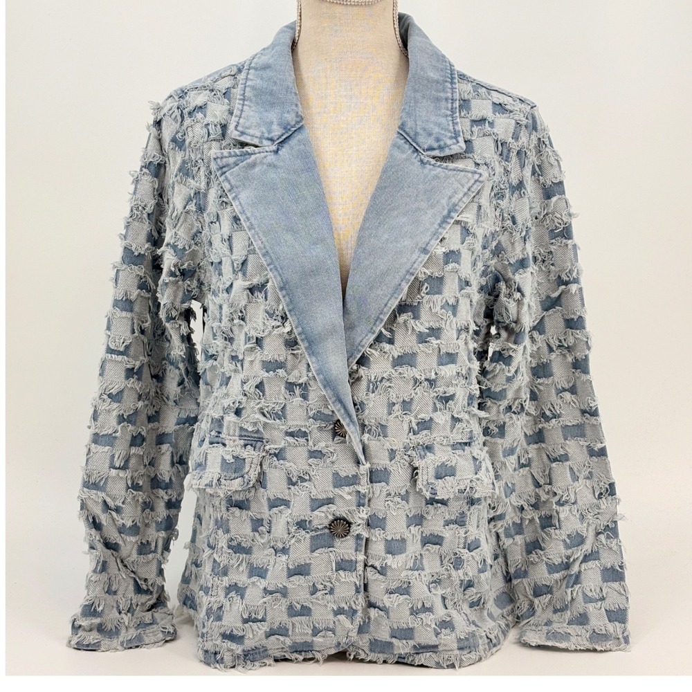 Two 2 Fly Denim Blazer Women Small Light Blue Distressed Checkerboard Frayed New